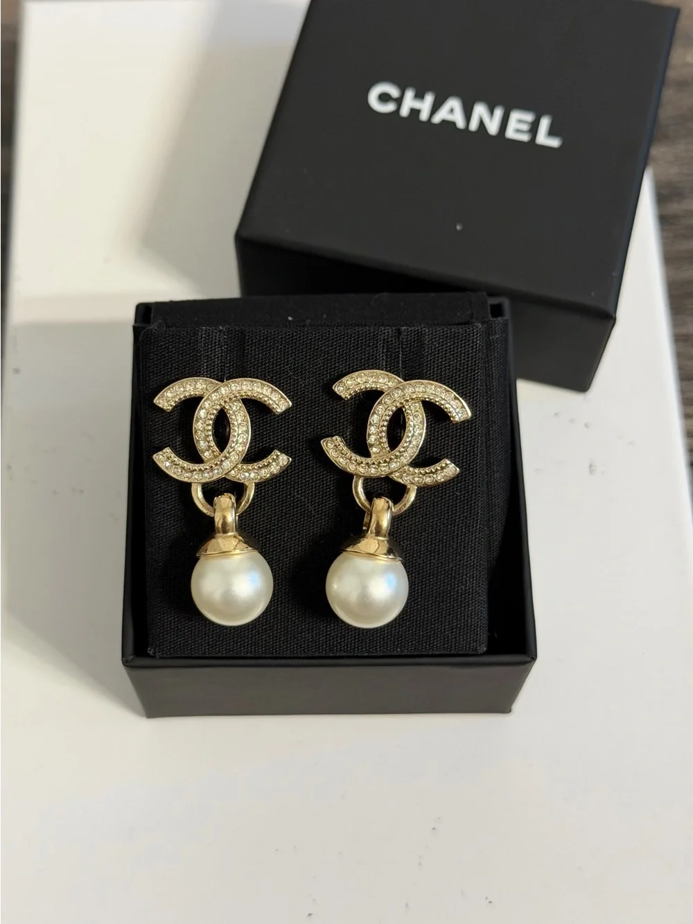 CHANEL Gold Crystal CC Pearl Drop Earrings